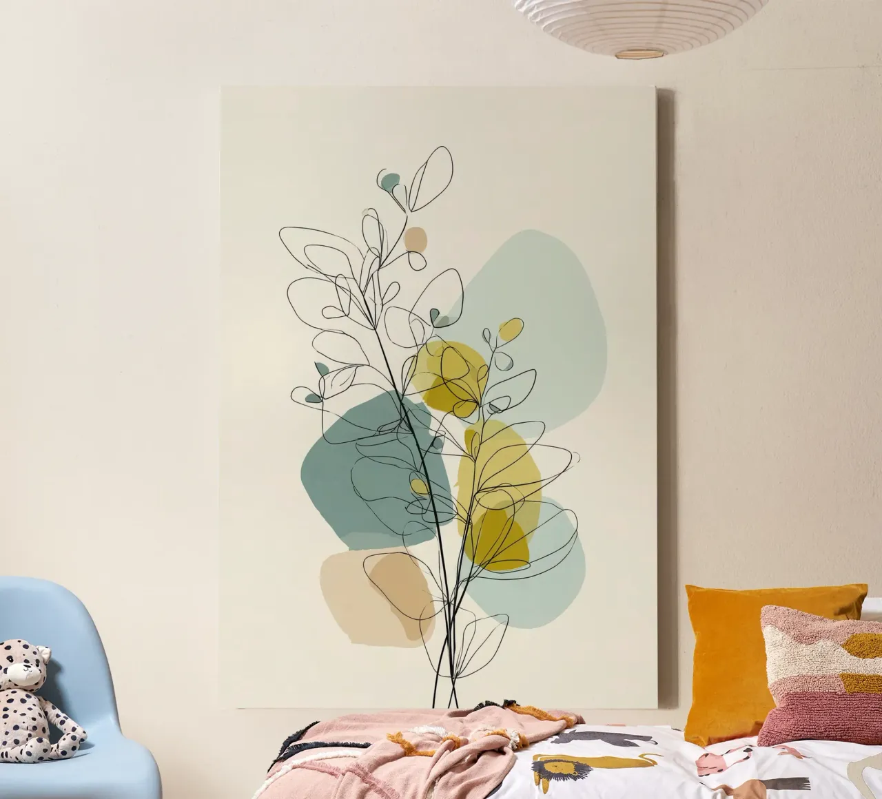 Minimalistische botanische lijnkunst met zachte kleurvormen canvas met Baklijst van Artbyvo