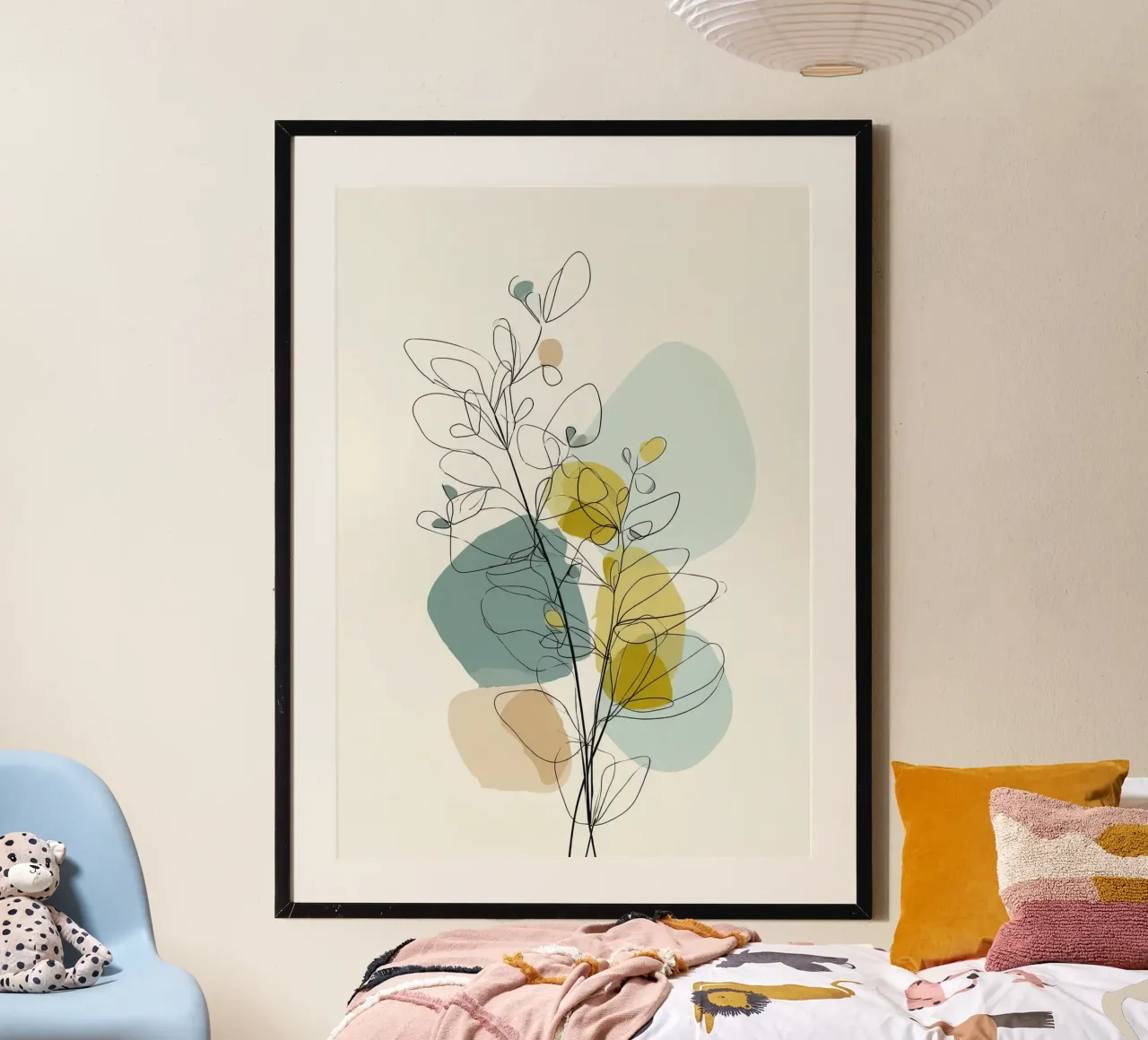 Minimalistische botanische lijnkunst met zachte kleurvormen poster van Artbyvo