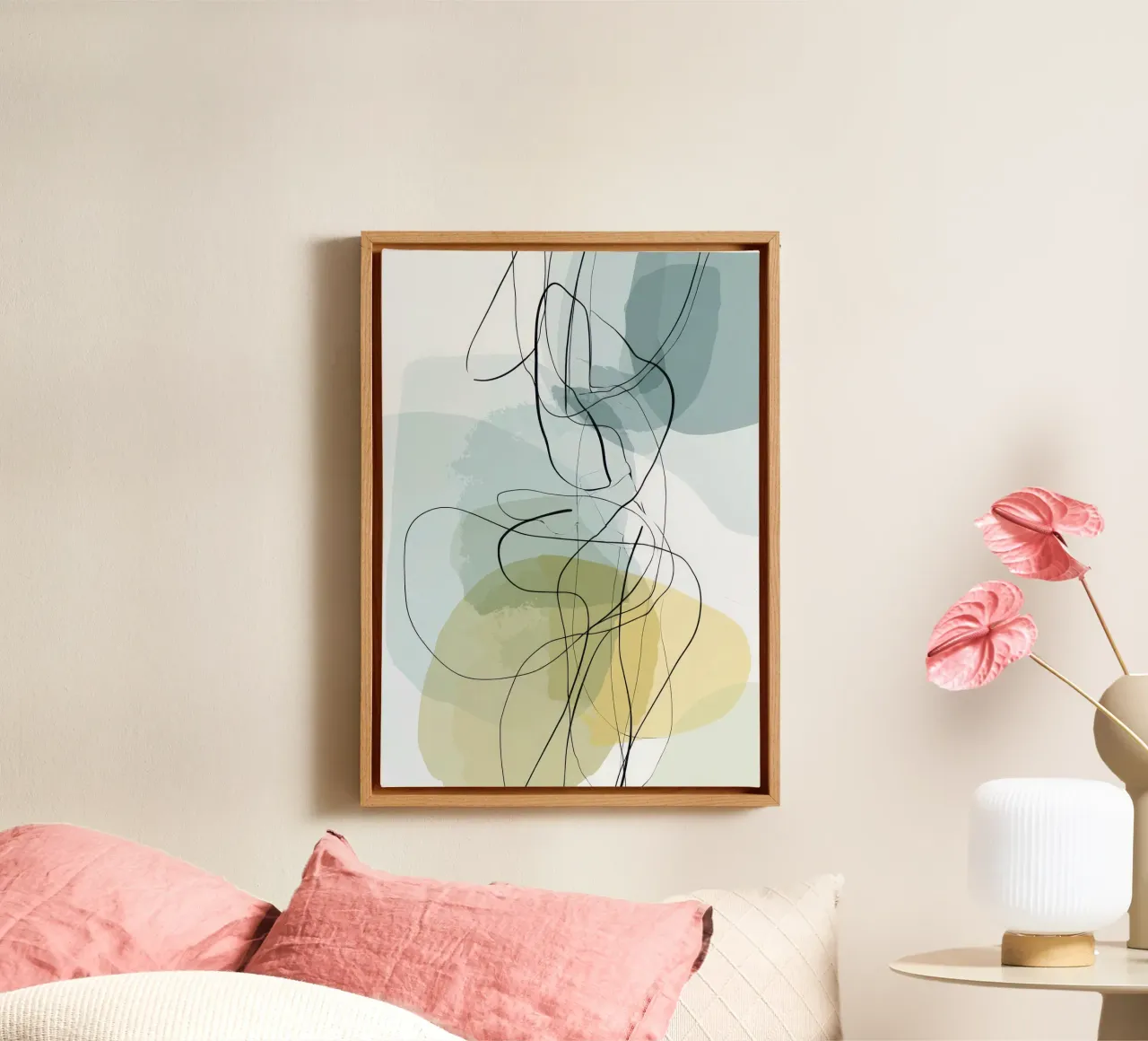Minimalistische abstracte lijnen met coole kleurvormen canvas met Baklijst van Artbyvo