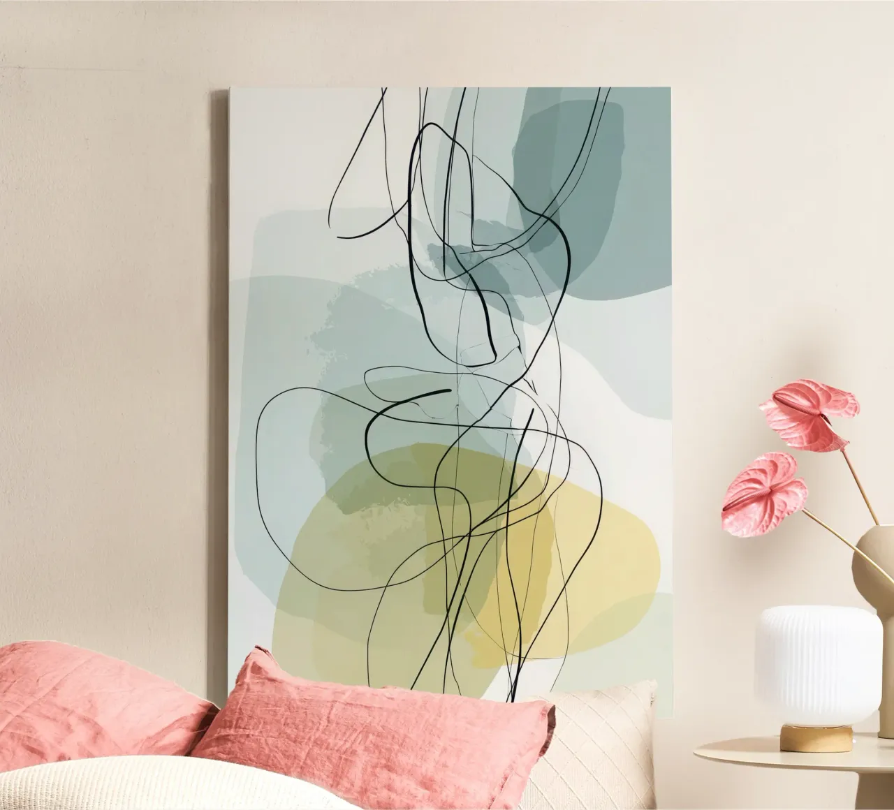 Minimalistische abstracte lijnen met coole kleurvormen canvas met Baklijst van Artbyvo