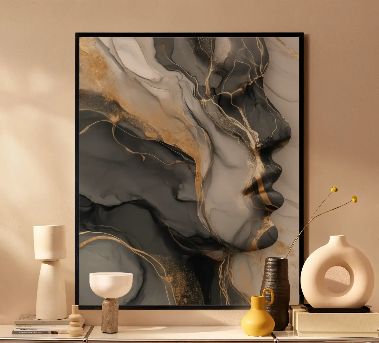 Ritratto femminile in marmo e oro | Lusso puro poster con telaio in legno da Autofocus