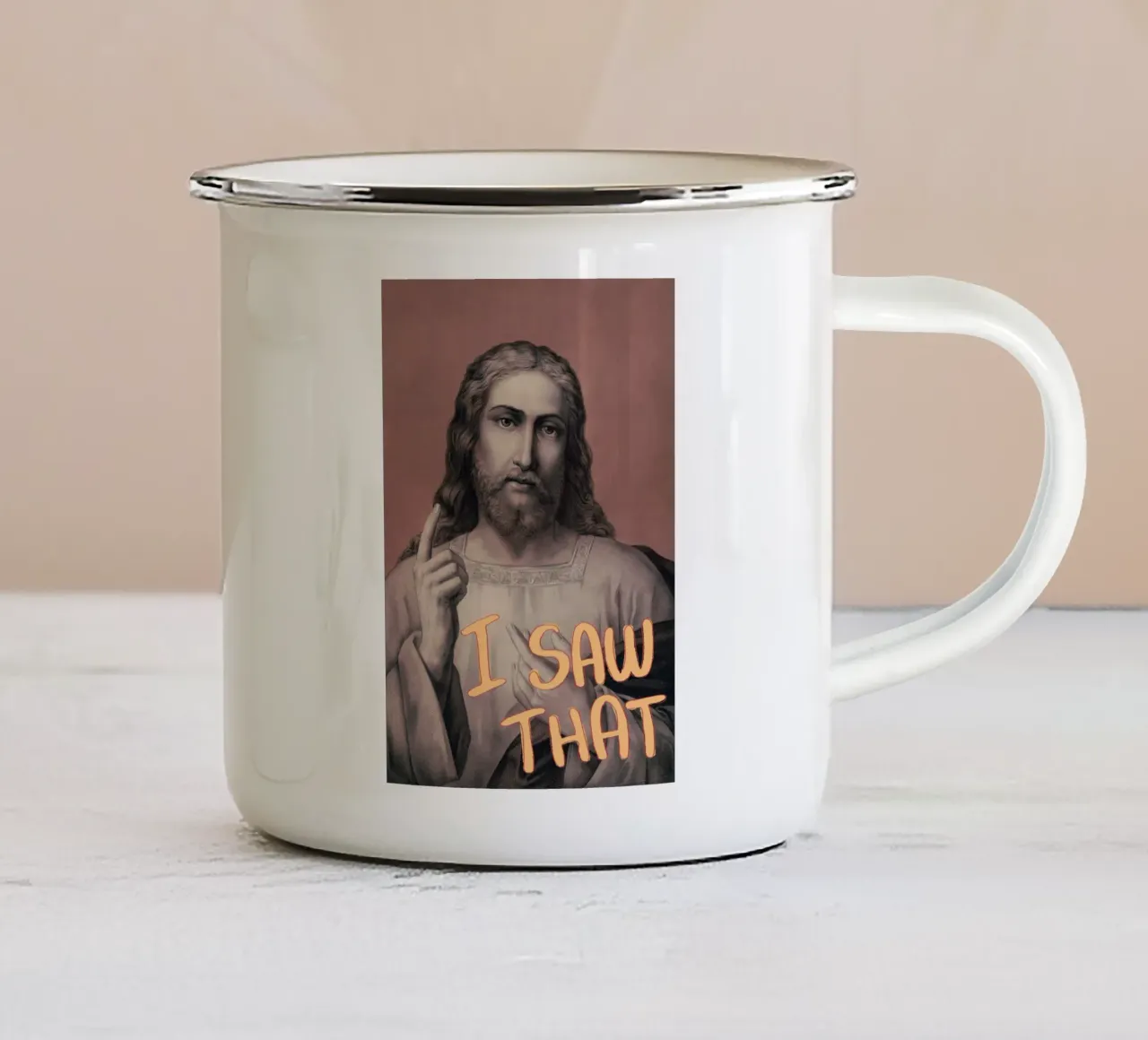"Ik zag dat" grappige Jezus-kunst, christelijke memeposter emaille mok van vintagepod