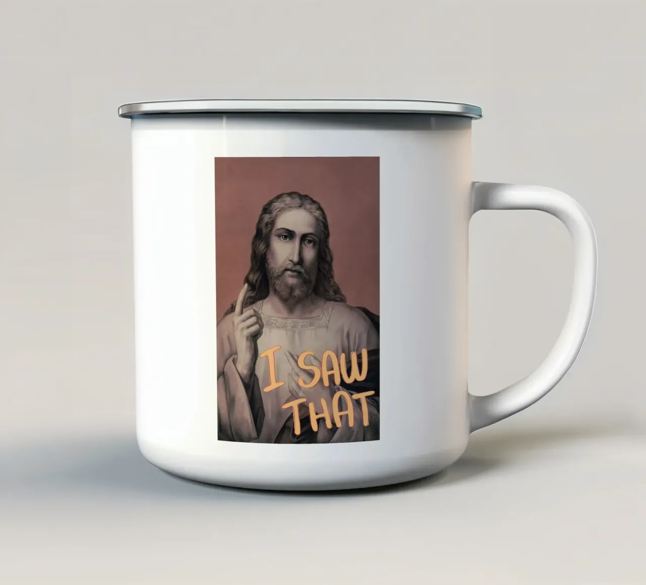"Ik zag dat" grappige Jezus-kunst, christelijke memeposter emaille mok van vintagepod