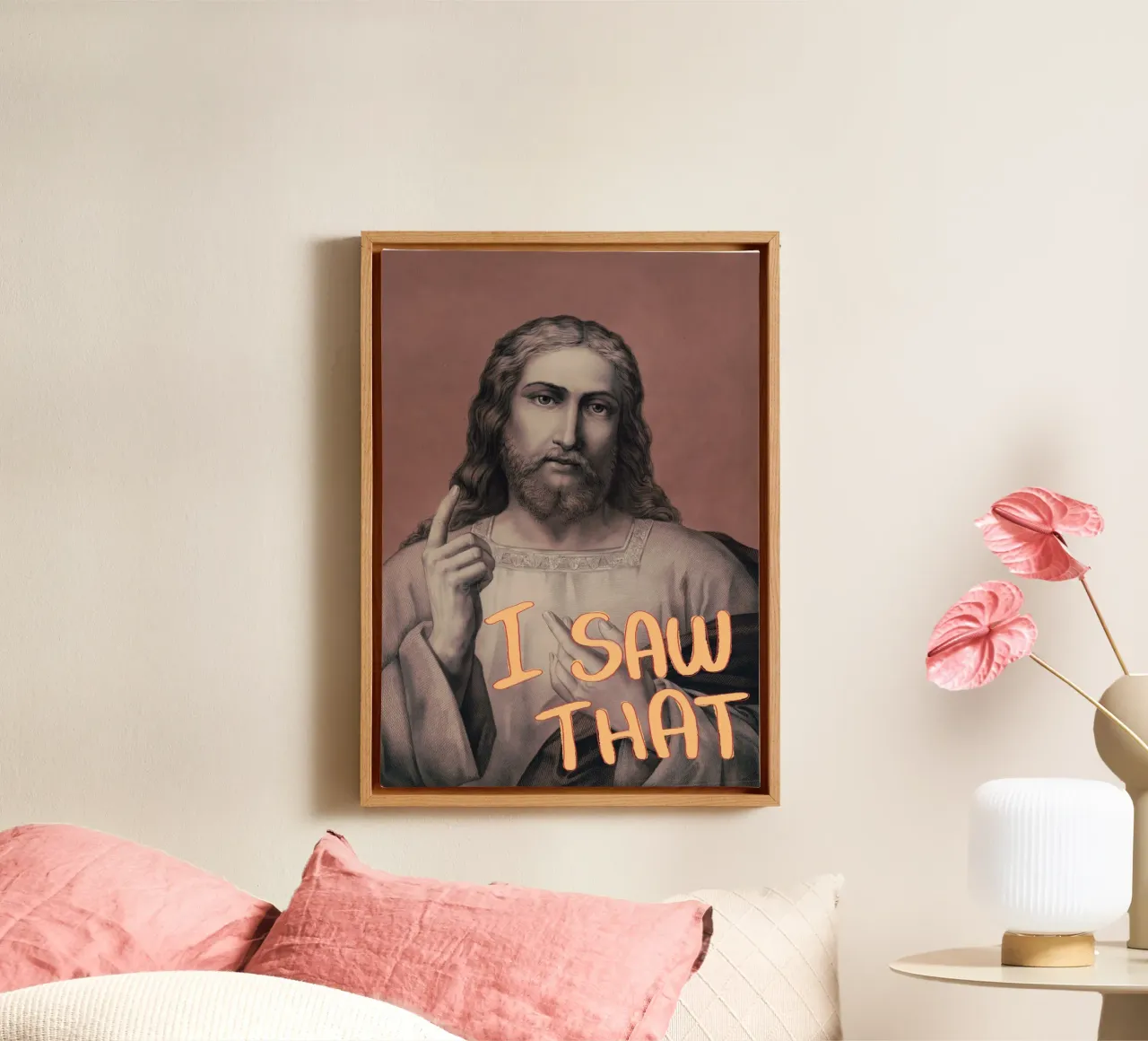 "J'ai vu ça", drôle d'œuvre d'art de Jésus, affiche de mimétisme chrétien toile avec Caisse américaine de vintagepod