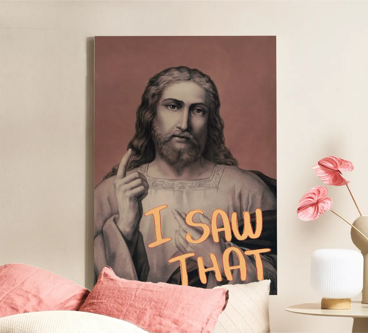 "J'ai vu ça", drôle d'œuvre d'art de Jésus, affiche de mimétisme chrétien toile avec Caisse américaine de vintagepod
