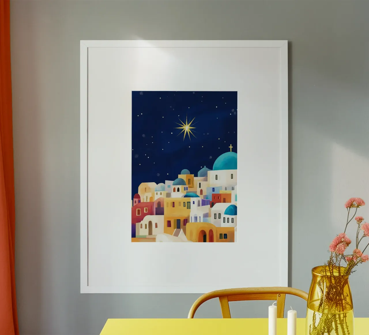 Stella di Betlemme, arte presepiale in stile Santorini poster con telaio in legno da vintagepod