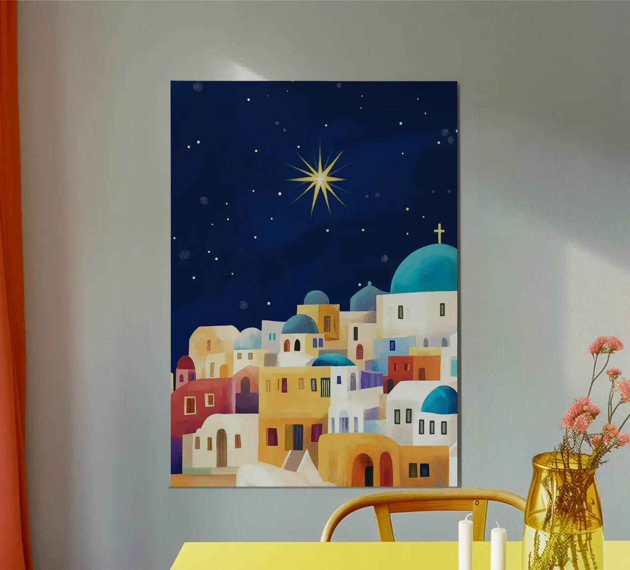 Stella di Betlemme, arte presepiale in stile Santorini poster con telaio in legno da vintagepod