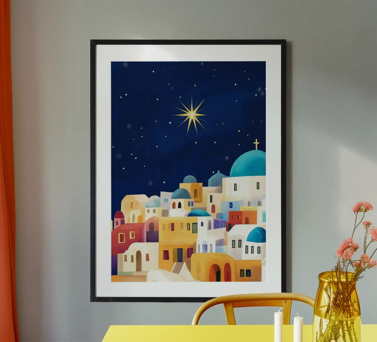 Stella di Betlemme, arte presepiale in stile Santorini poster con telaio in legno da vintagepod