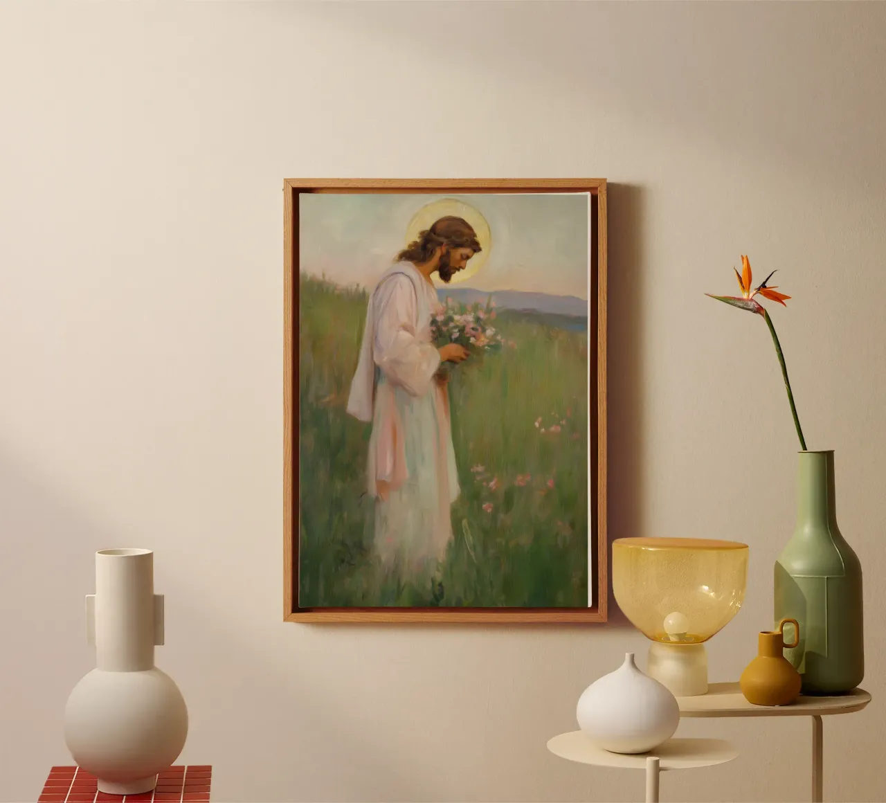 Jezus in een weide, heilige kunstdruk, spirituele vrede canvas met Baklijst van vintagepod