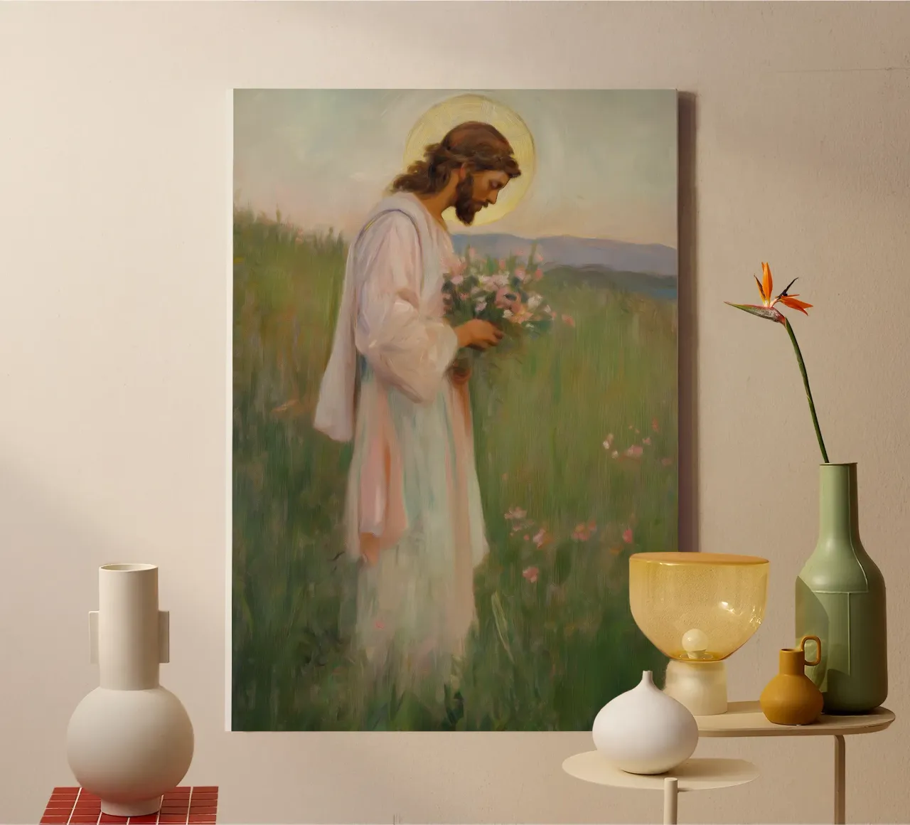 Jezus in een weide, heilige kunstdruk, spirituele vrede canvas met Baklijst van vintagepod