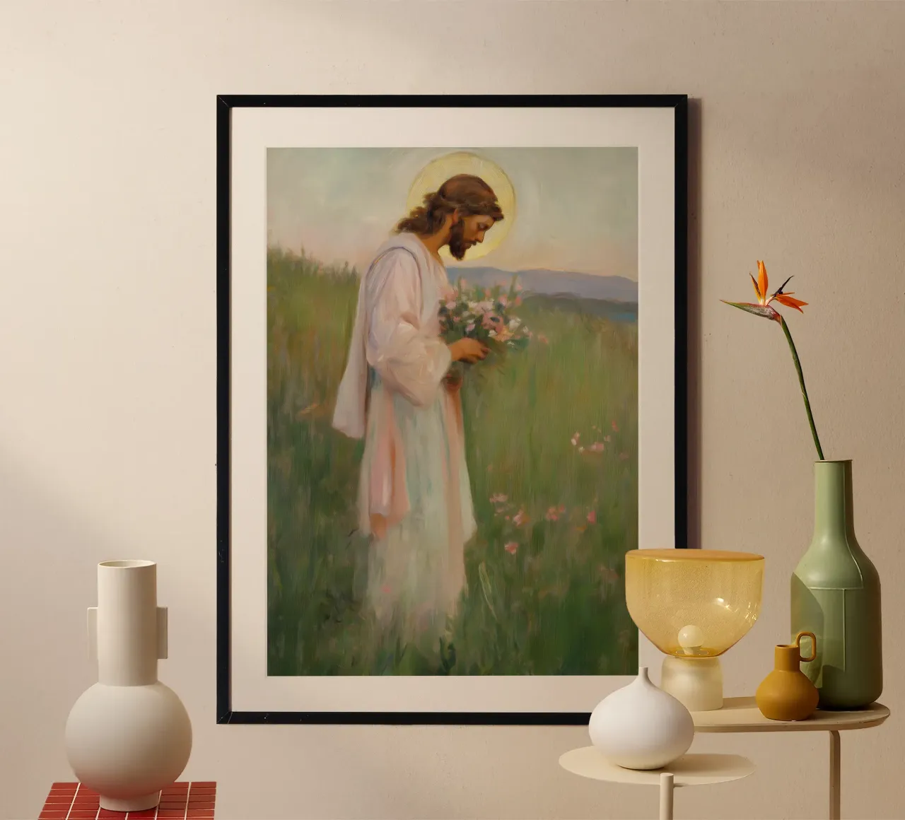 Jezus in een weide, heilige kunstdruk, spirituele vrede poster van vintagepod