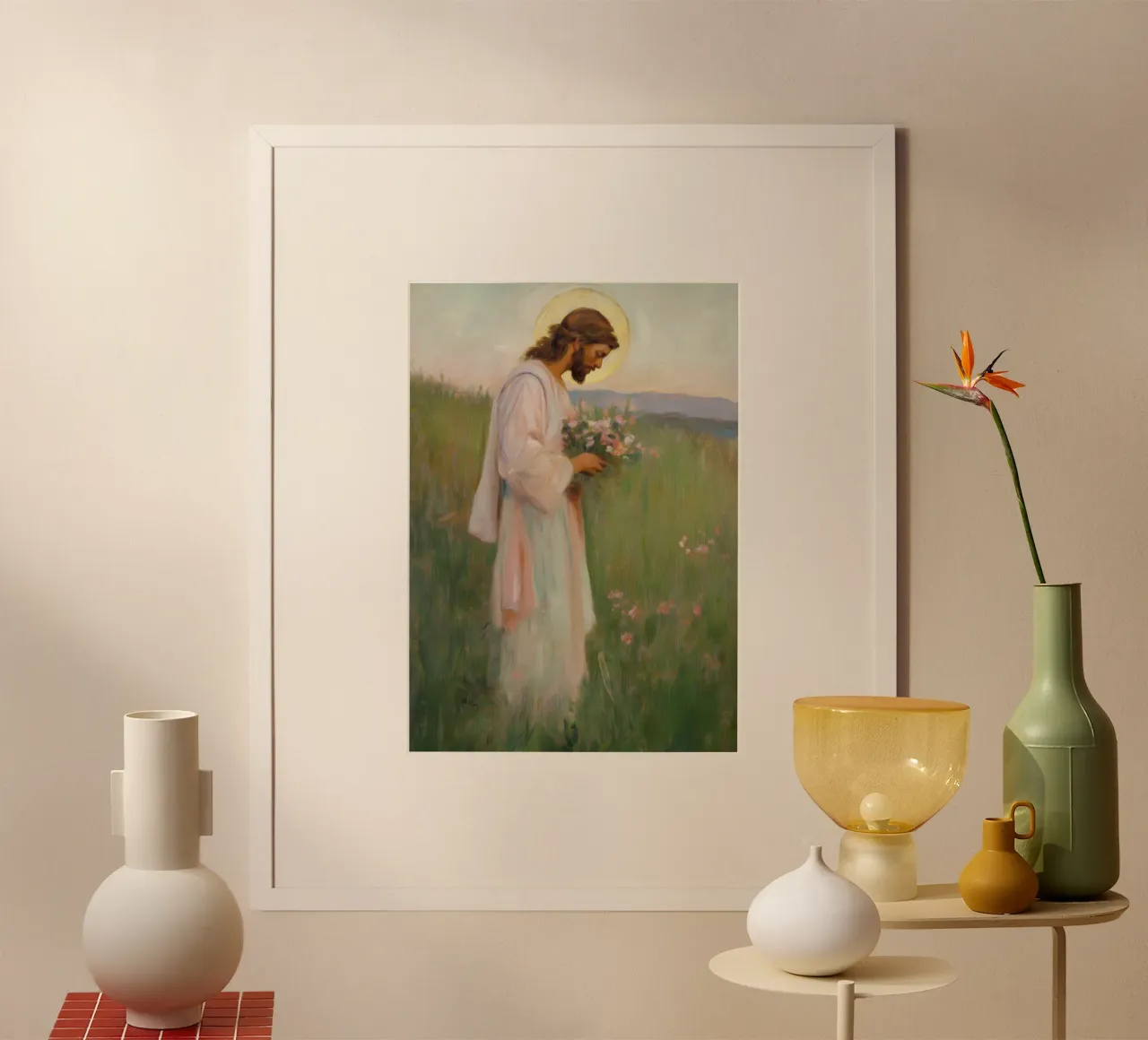 Jezus in een weide, heilige kunstdruk, spirituele vrede poster van vintagepod