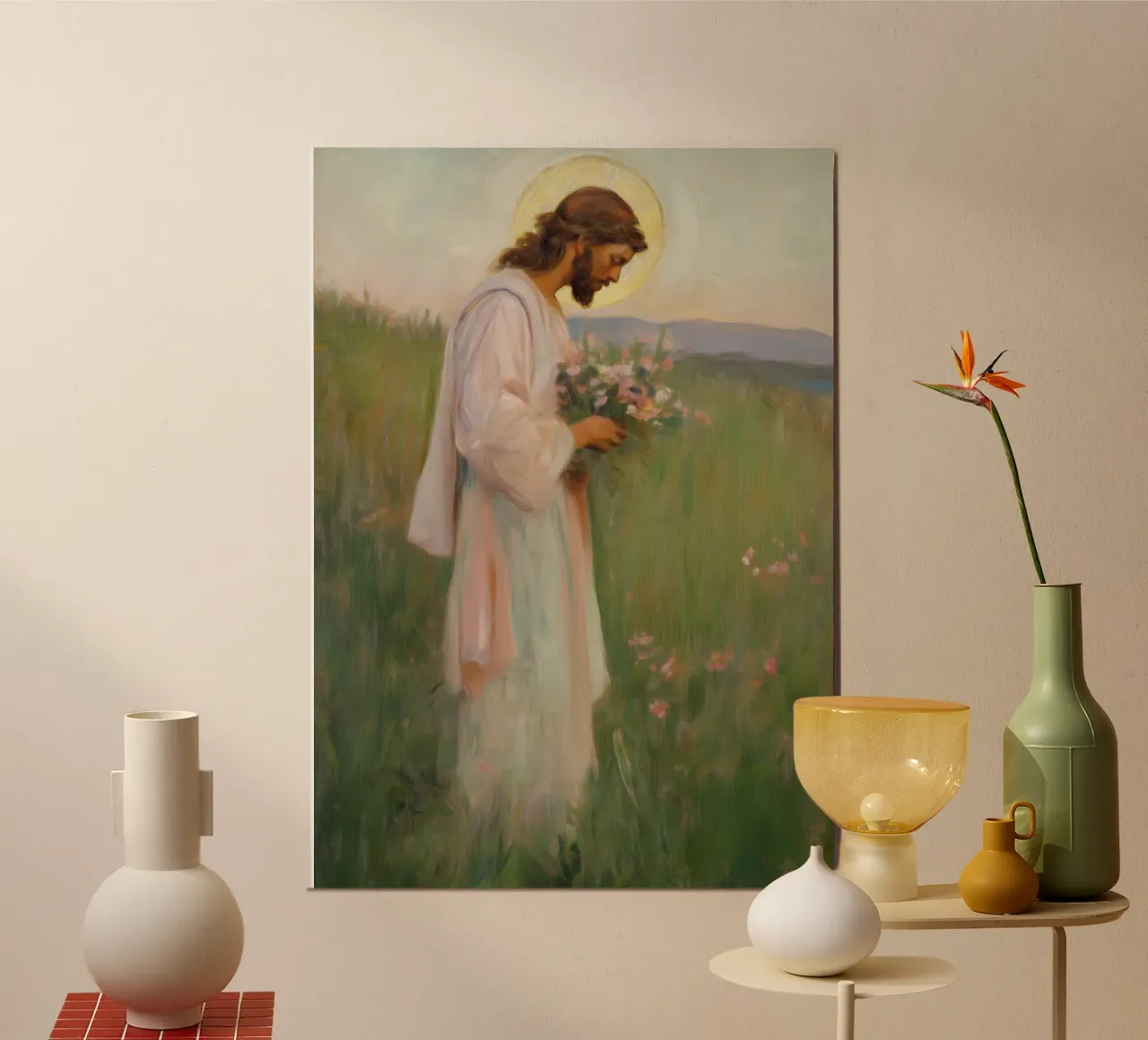 Jezus in een weide, heilige kunstdruk, spirituele vrede poster van vintagepod