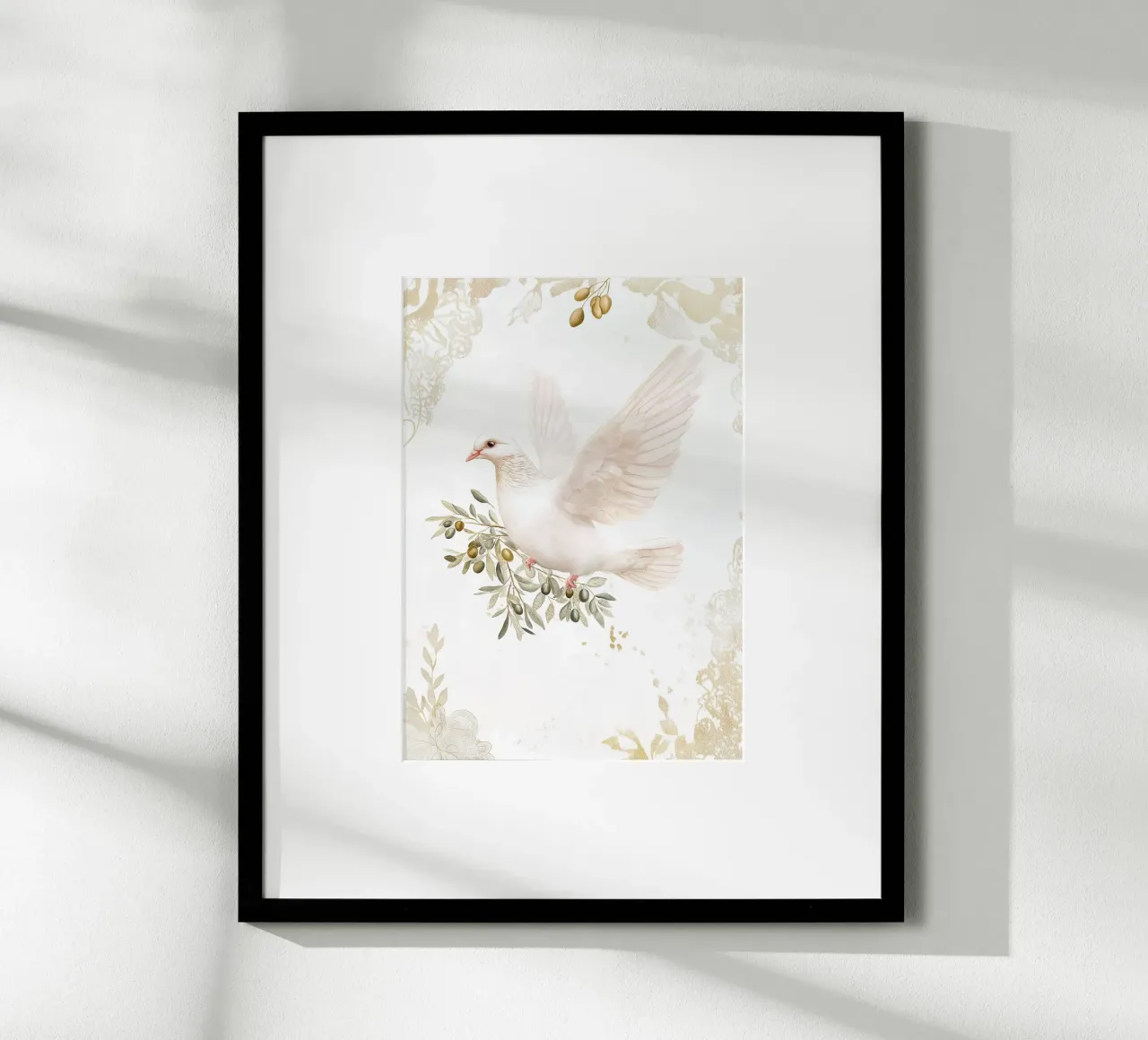 Taube mit Olivenzweig, Golden Peaceful Kunstdruck Poster mit Aluminium Rahmen von vintagepod