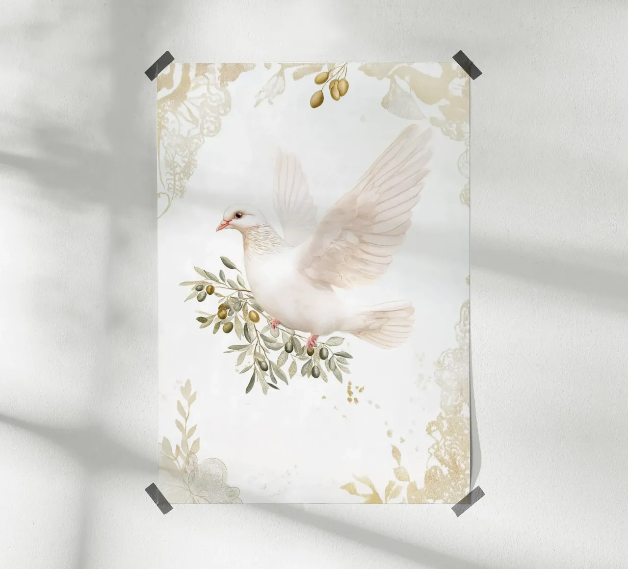 Taube mit Olivenzweig, Golden Peaceful Kunstdruck Poster mit Aluminium Rahmen von vintagepod
