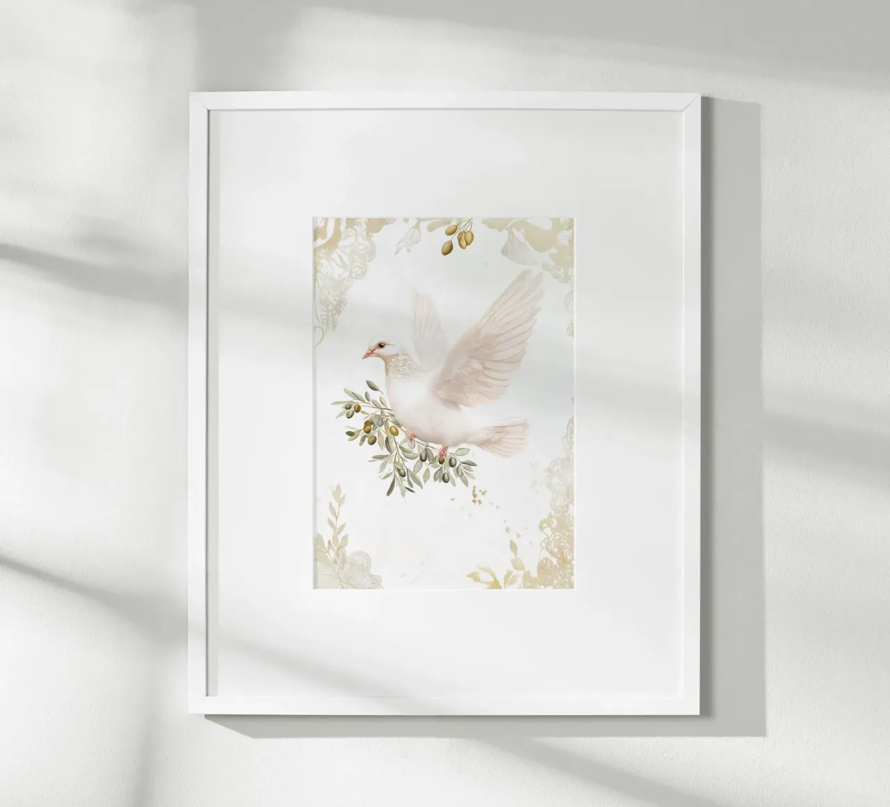Taube mit Olivenzweig, Golden Peaceful Kunstdruck Poster mit Aluminium Rahmen von vintagepod