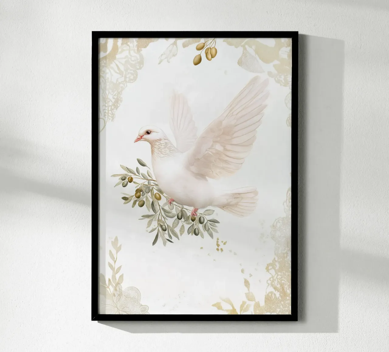 Taube mit Olivenzweig, Golden Peaceful Kunstdruck Poster mit Aluminium Rahmen von vintagepod