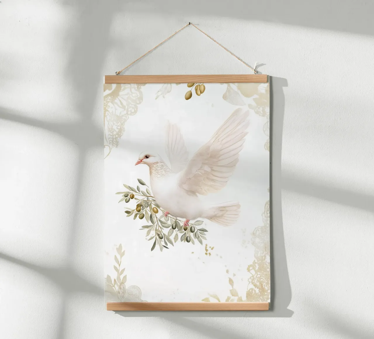 Taube mit Olivenzweig, Golden Peaceful Kunstdruck Poster mit Aluminium Rahmen von vintagepod