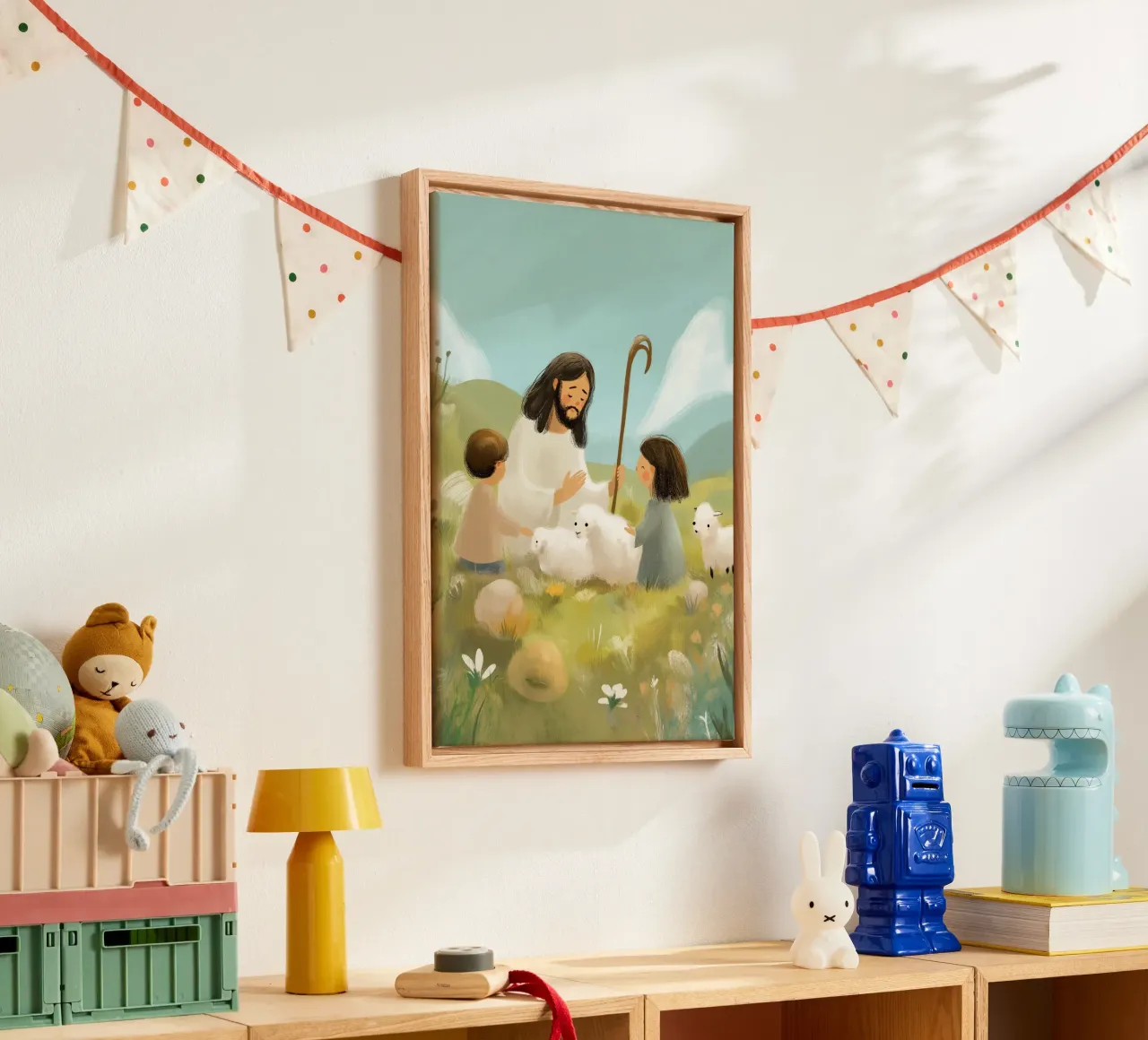 Gesù, i bambini e gli agnelli, il Buon Pastore tela con Cornice a cassetta da vintagepod