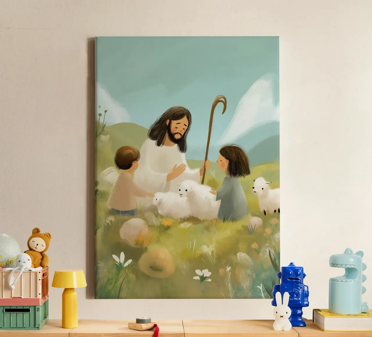 Gesù, i bambini e gli agnelli, il Buon Pastore tela con Cornice a cassetta da vintagepod