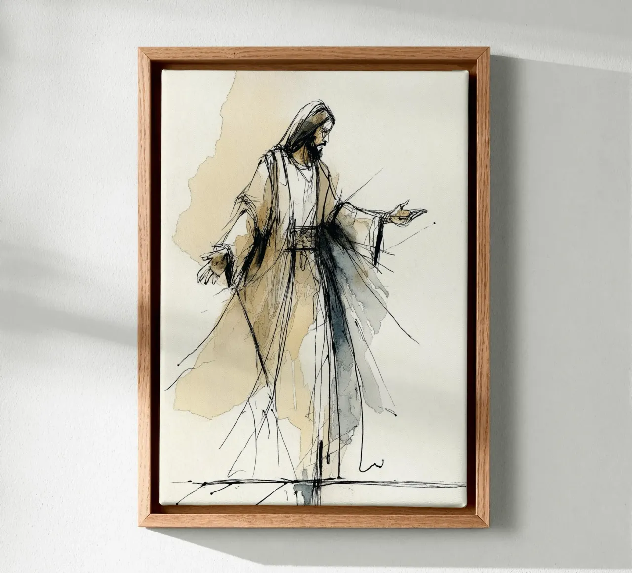 Jezus Christus aquarelschets, moderne abstracte kunst canvas met Baklijst van vintagepod