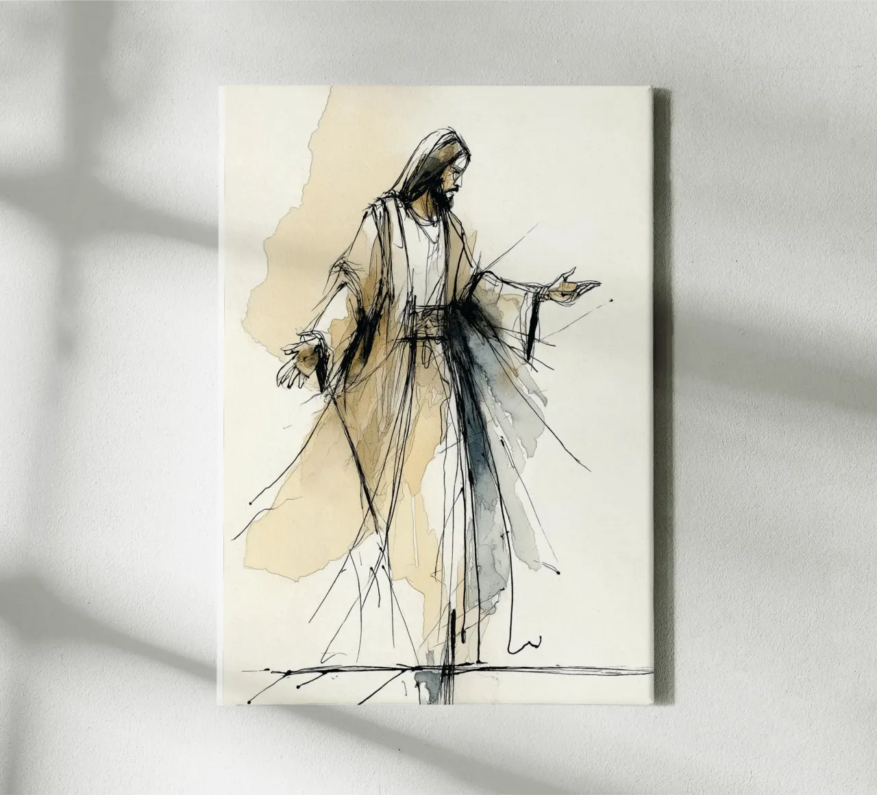 Jezus Christus aquarelschets, moderne abstracte kunst canvas met Baklijst van vintagepod