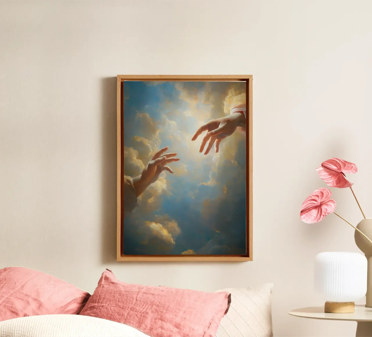 Schepping van Adam, Moderne Barokke Hemel, God en Mens canvas met Baklijst van vintagepod