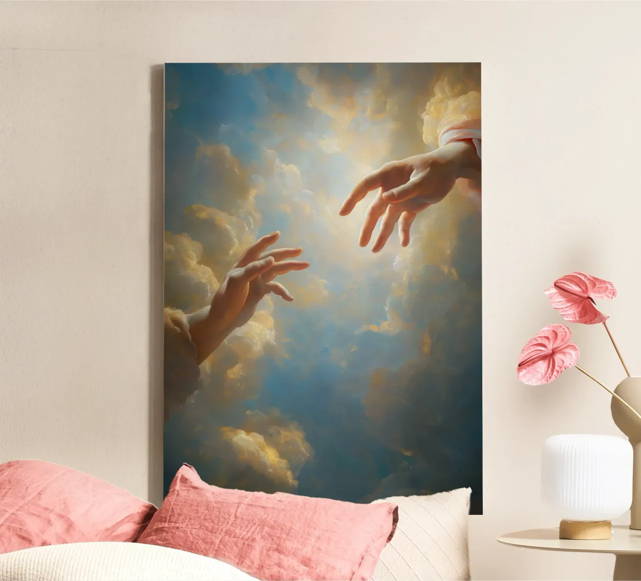 Schepping van Adam, Moderne Barokke Hemel, God en Mens canvas met Baklijst van vintagepod