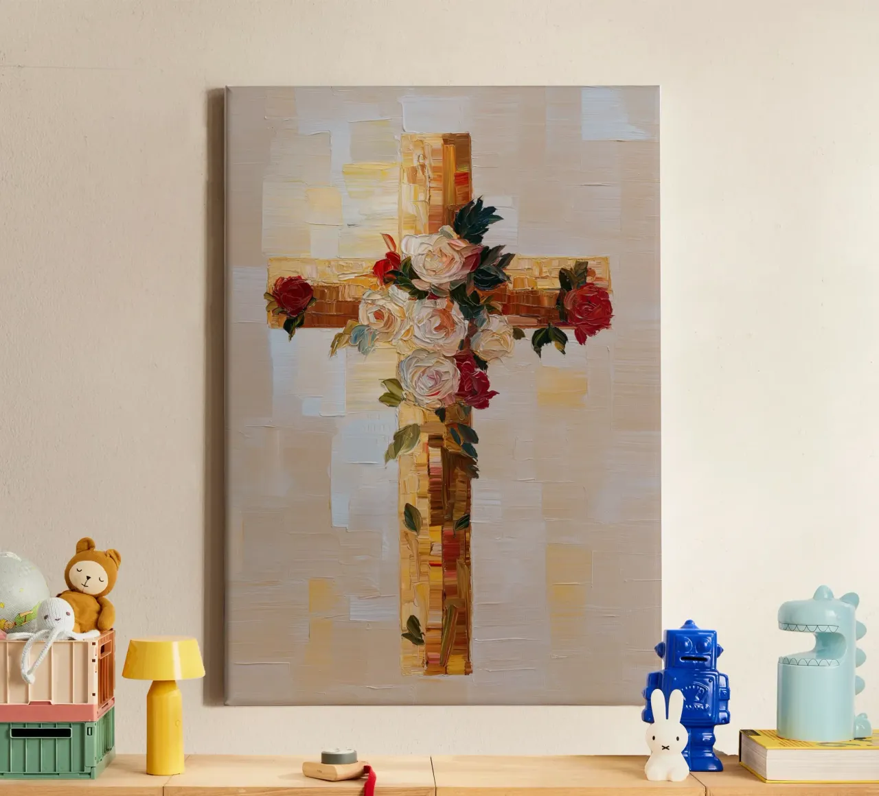 Floral Cross, Impasto Style, Modern Christian Art canvas with Floater frame by vintagepod