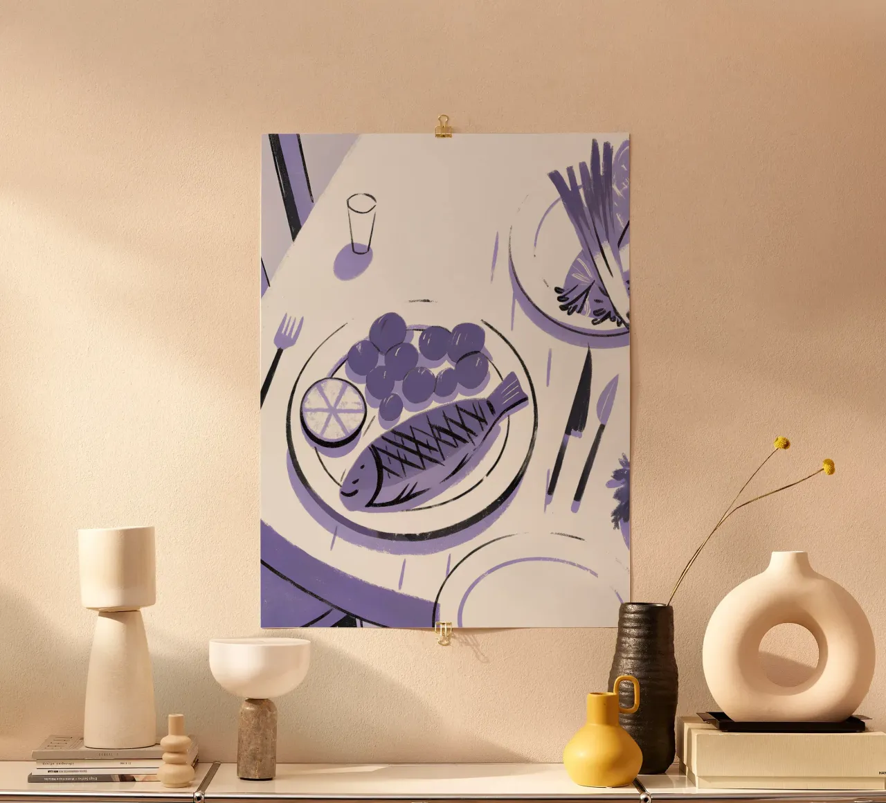 Cibo e pesce poster con telaio in legno da PREKETEWE