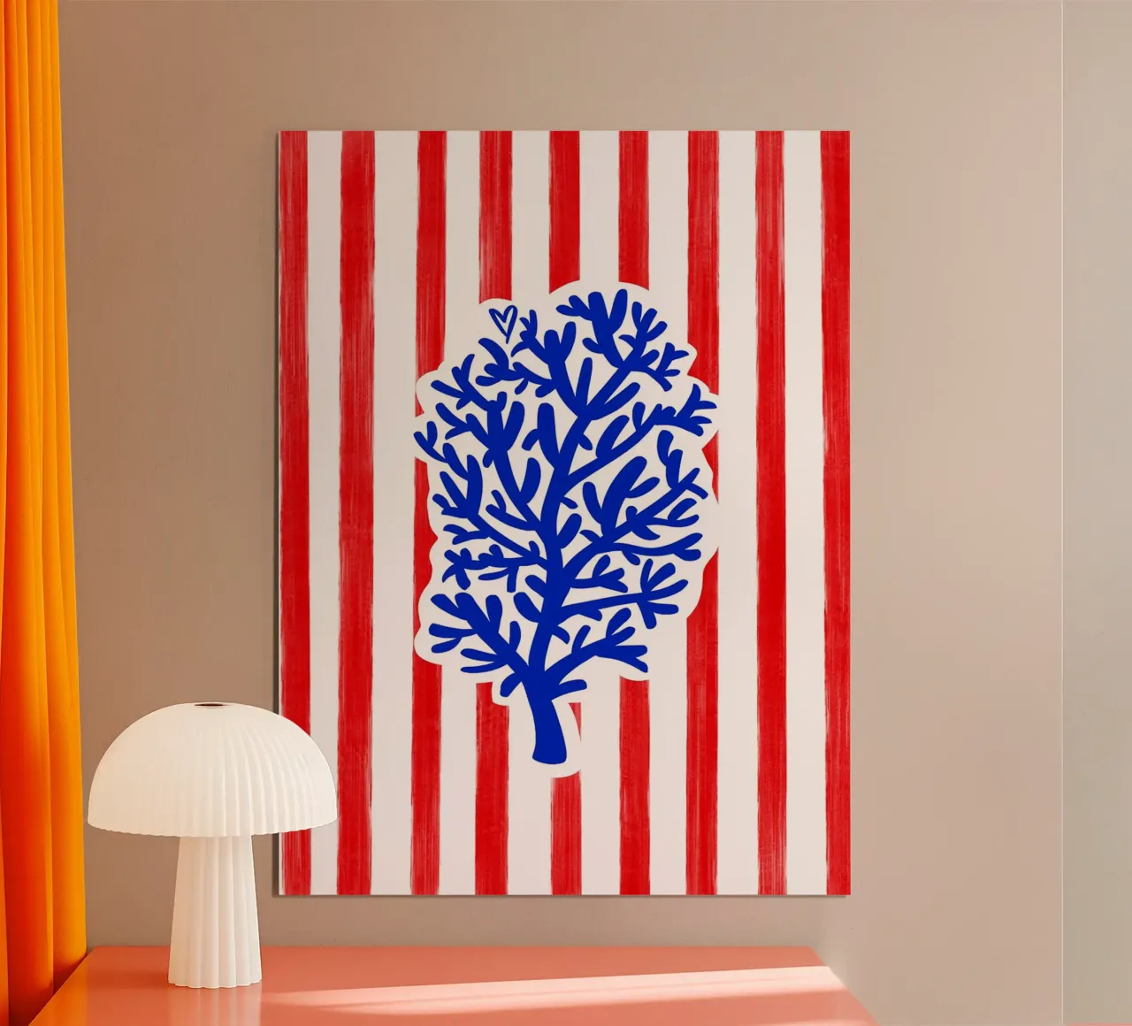Albero blu corallo su strisce bianche e rosse poster con telaio in plastica da Maria Maier