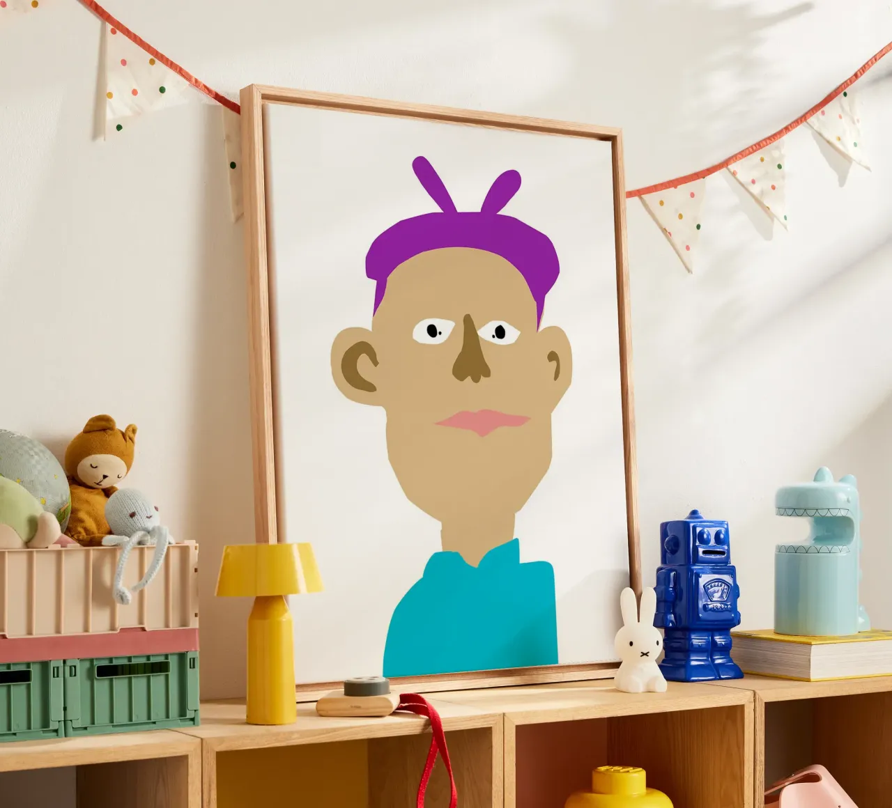 Cartoon Portrait with Purple Hair canvas with Floater frame by Maria Maier