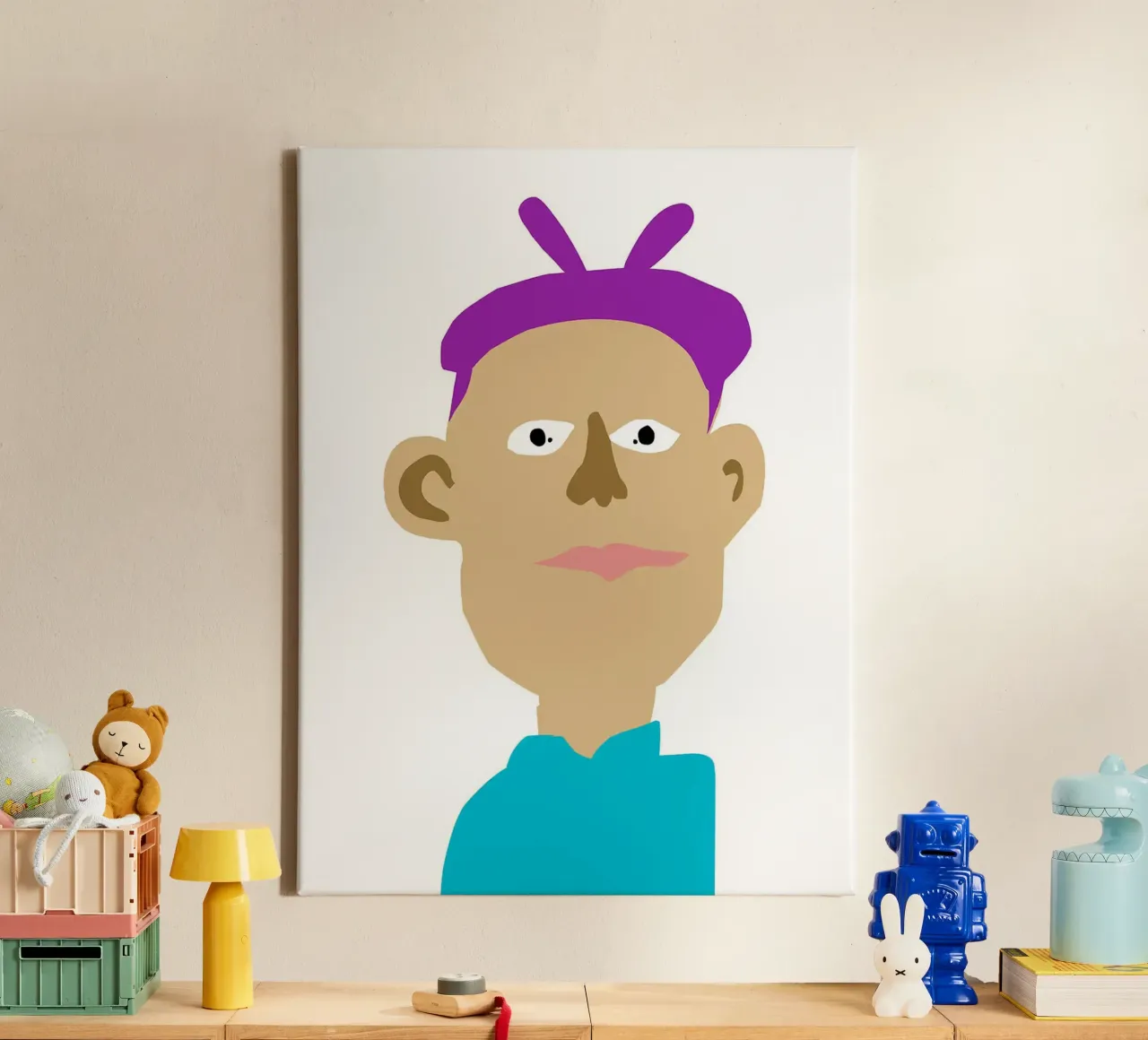 Cartoon Portrait with Purple Hair canvas with Floater frame by Maria Maier