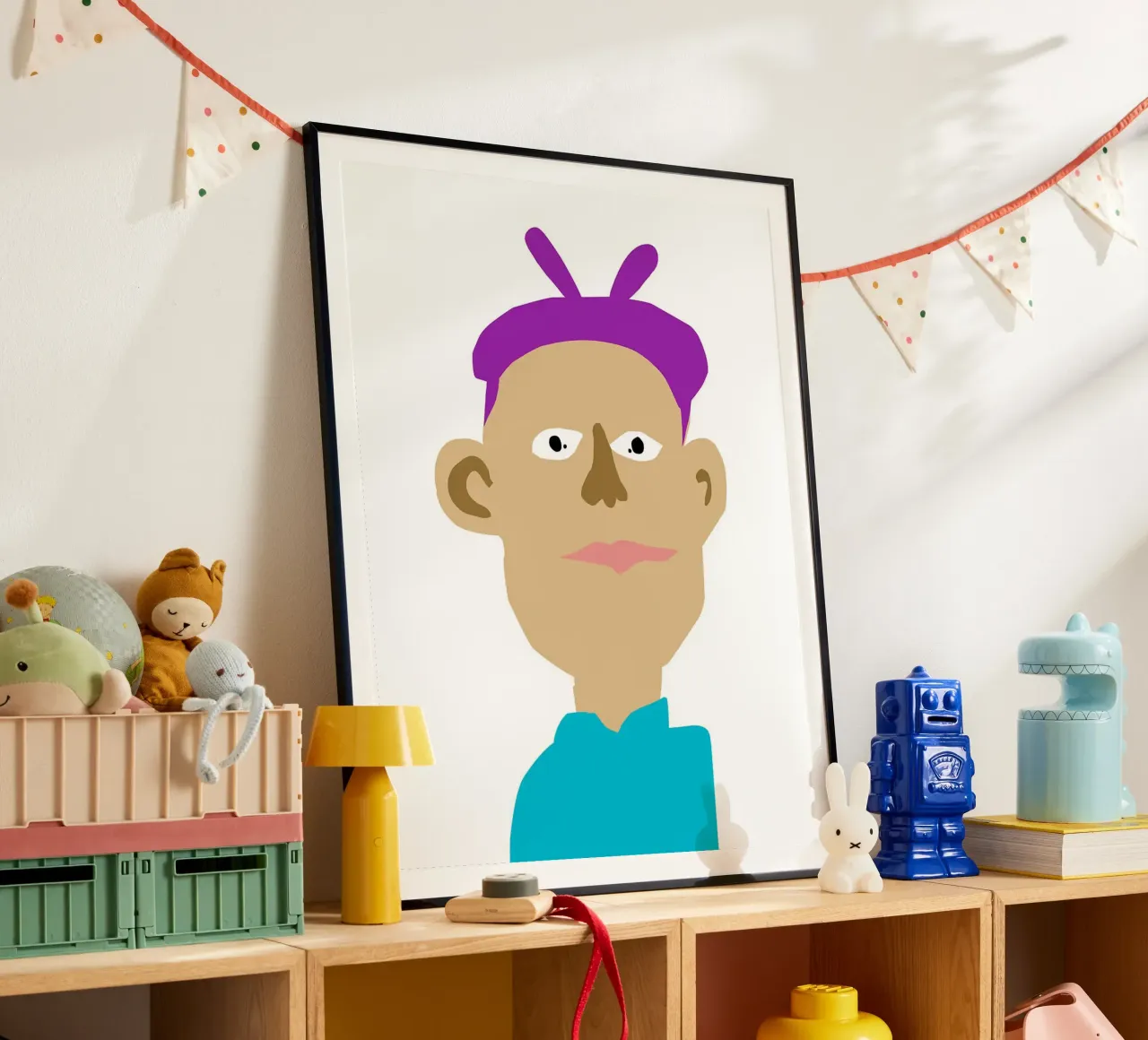 Ritratto di cartone animato con capelli viola poster con telaio in plastica da Maria Maier