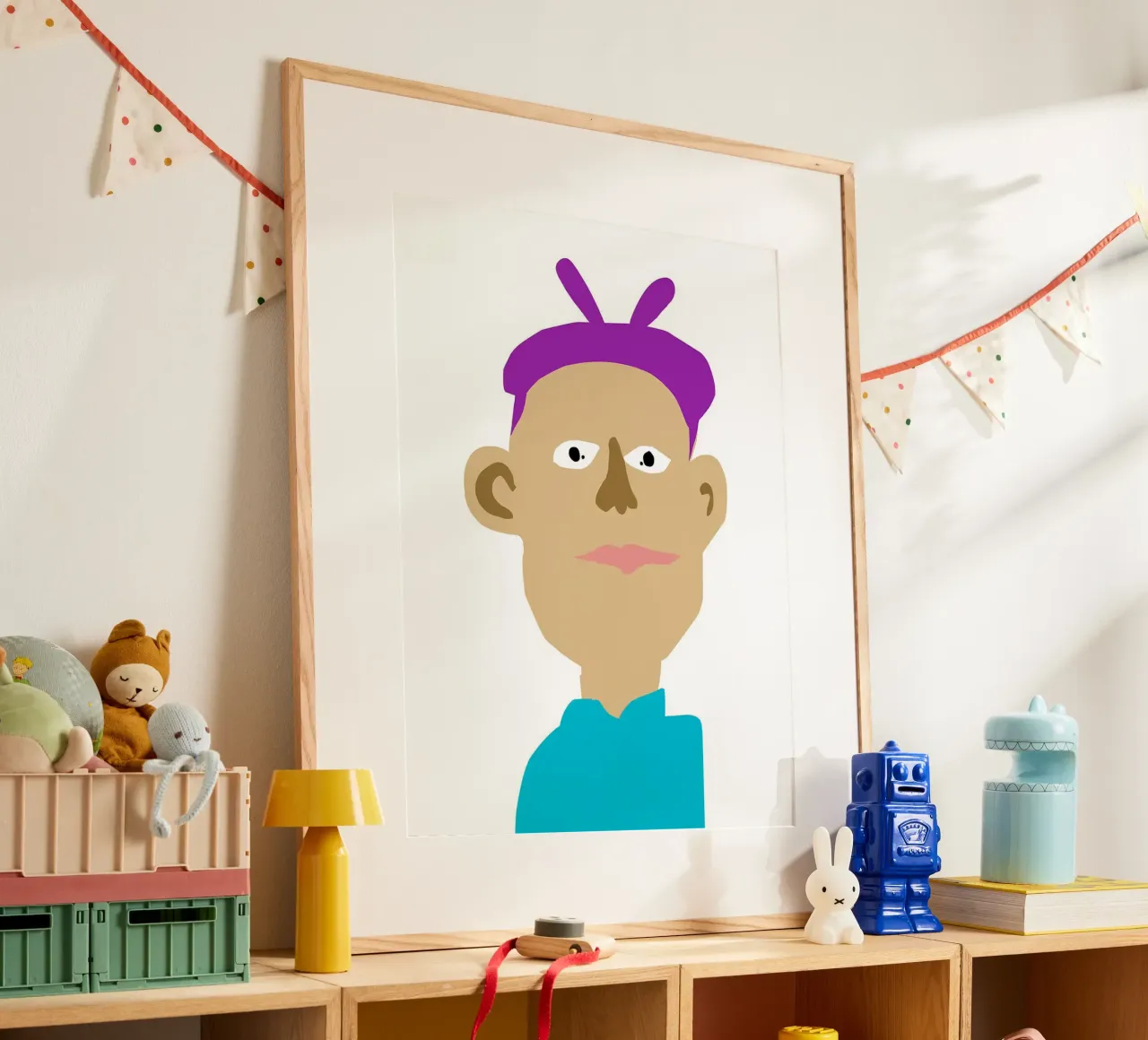 Ritratto di cartone animato con capelli viola poster con telaio in plastica da Maria Maier