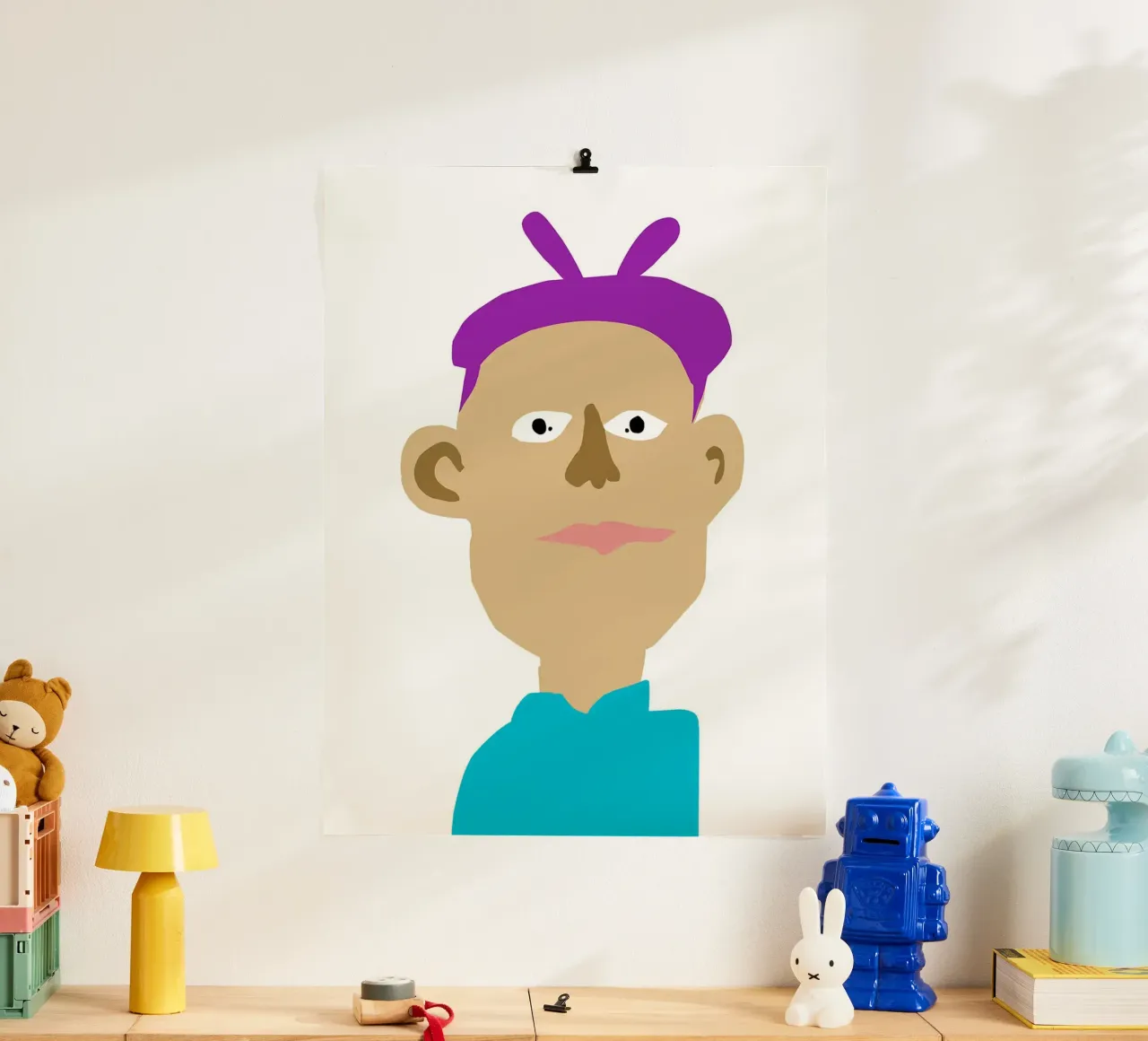Ritratto di cartone animato con capelli viola poster con telaio in plastica da Maria Maier