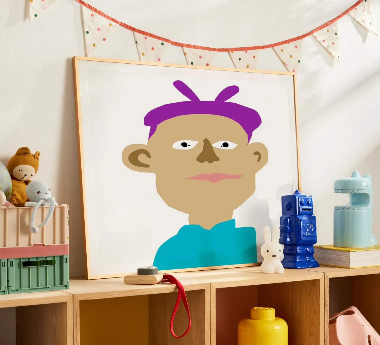 Ritratto di cartone animato con capelli viola poster con telaio in plastica da Maria Maier