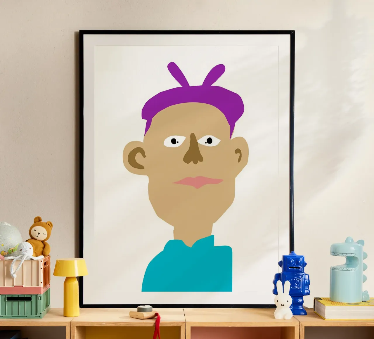 Ritratto di cartone animato con capelli viola poster con telaio in plastica da Maria Maier