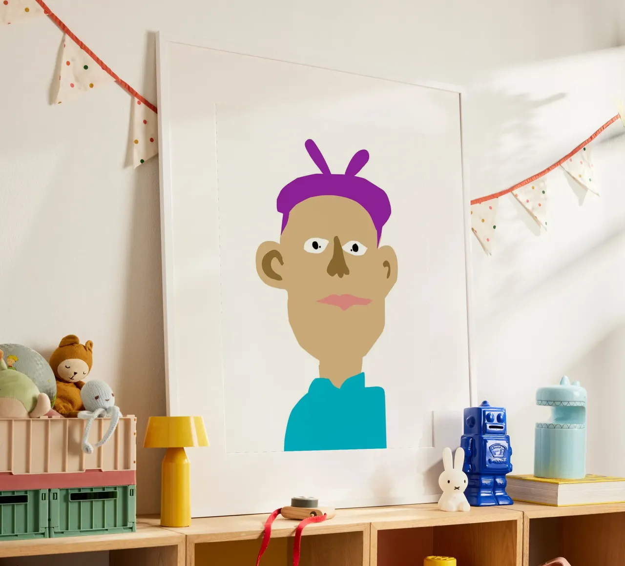 Ritratto di cartone animato con capelli viola poster con telaio in plastica da Maria Maier