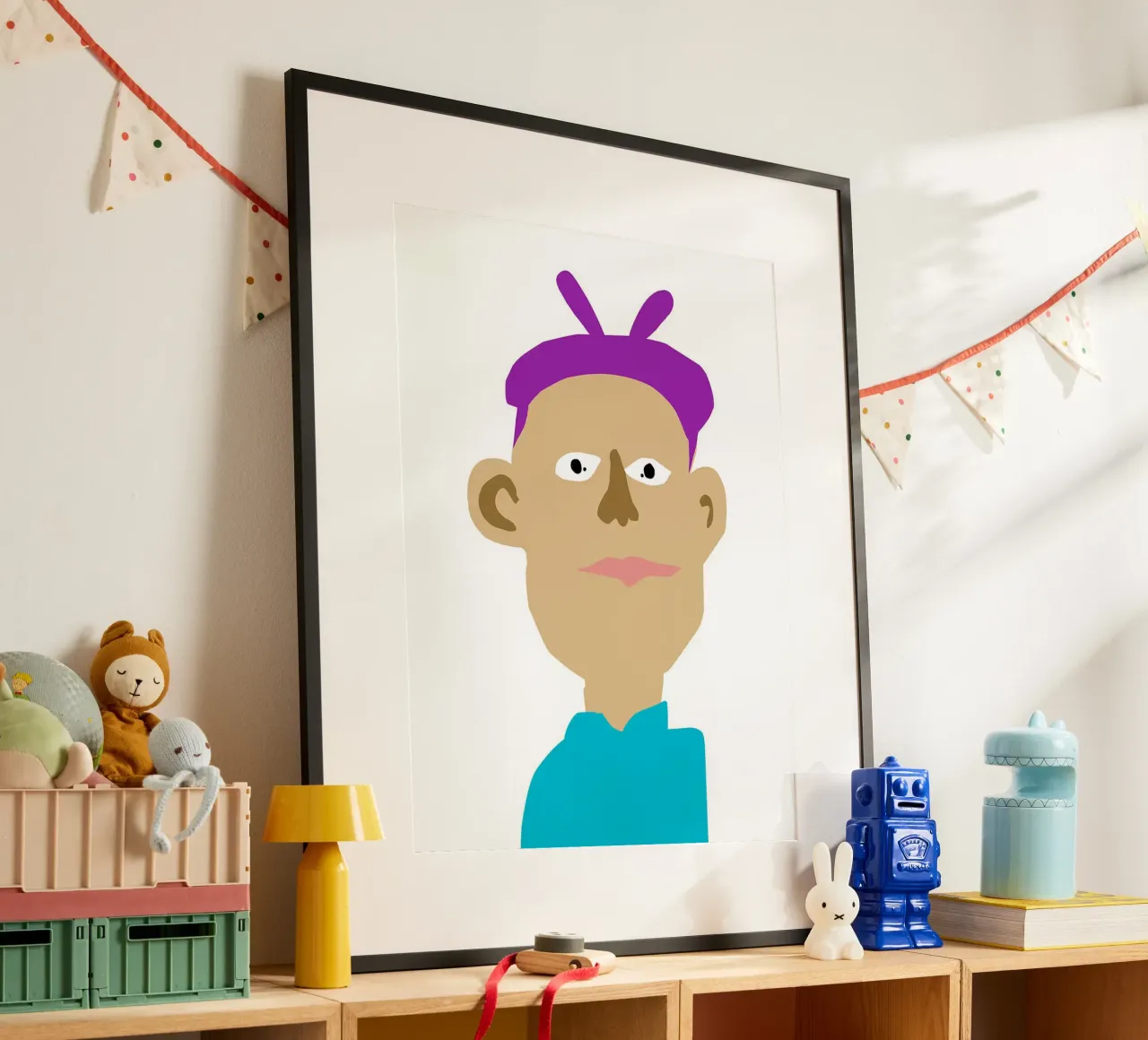 Ritratto di cartone animato con capelli viola poster con telaio in plastica da Maria Maier
