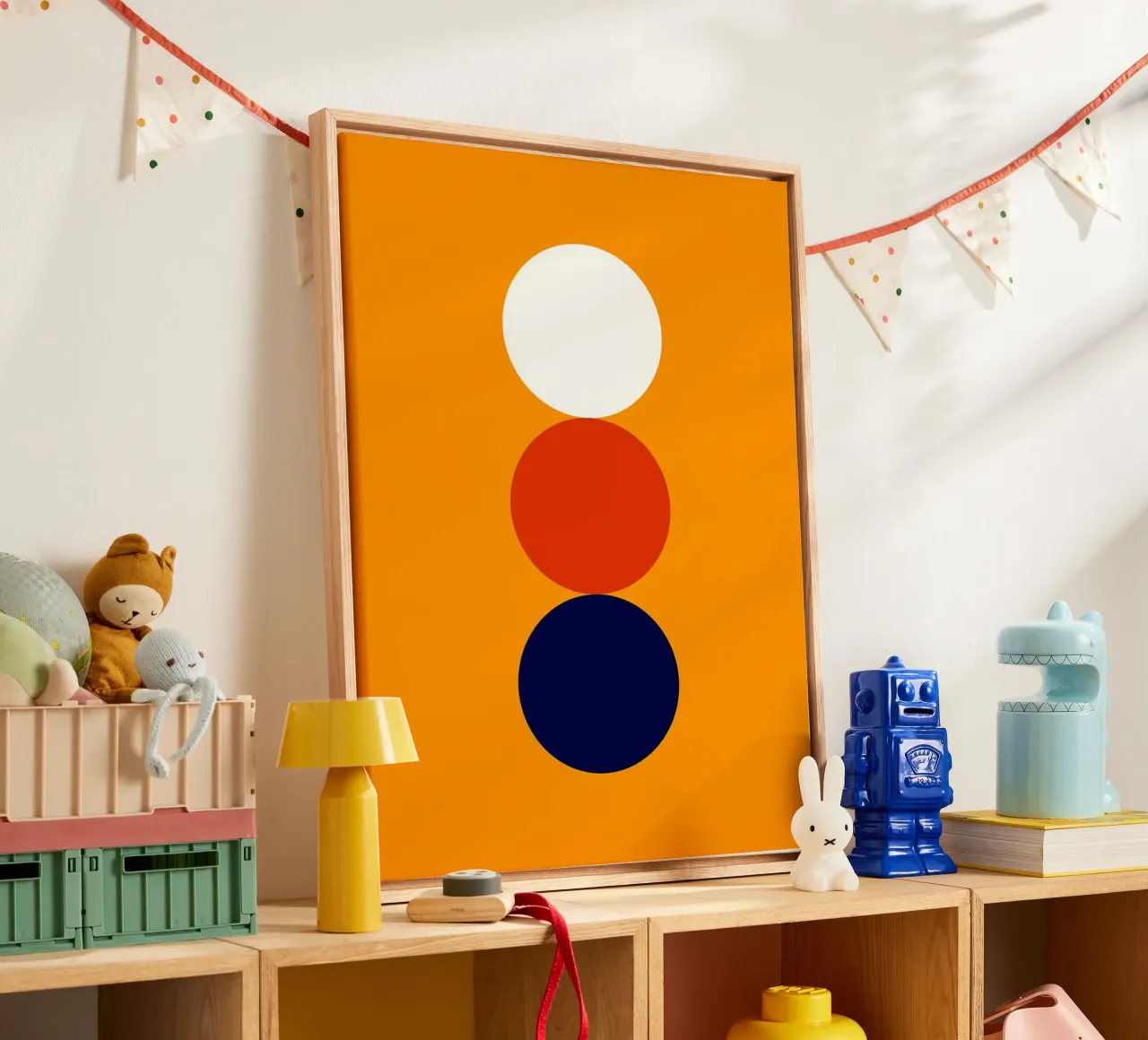 Poster geometrici minimalisti degli anni '20 con forme primitive tela con Cornice a cassetta da Maria Maier