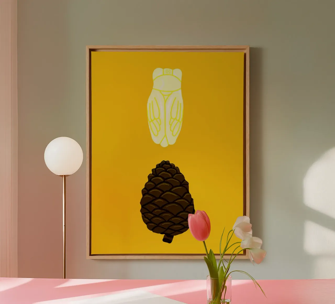 Cicada and Pine Cone Illustration canvas with Floater frame by Maria Maier