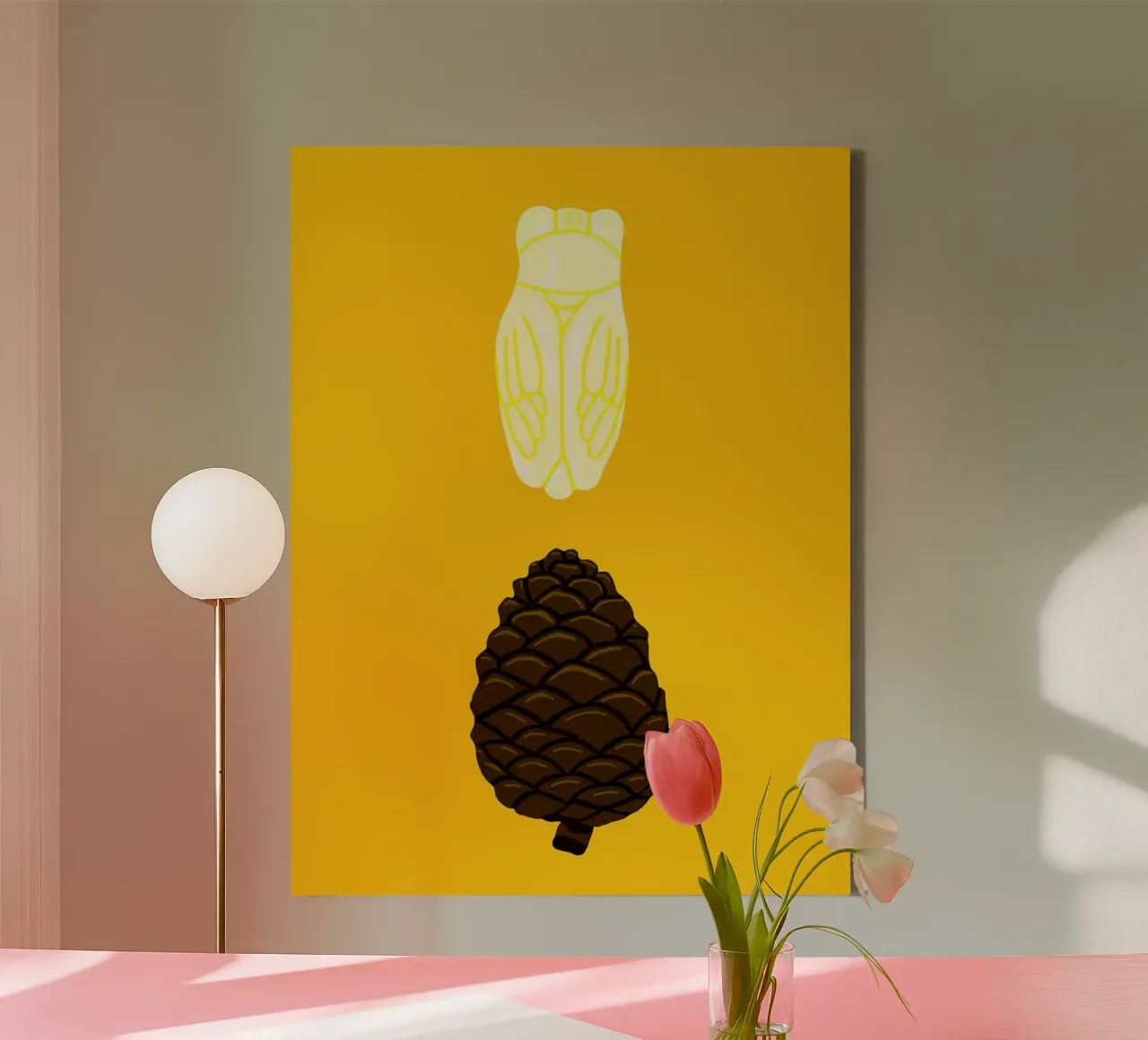 Cicada and Pine Cone Illustration canvas with Floater frame by Maria Maier