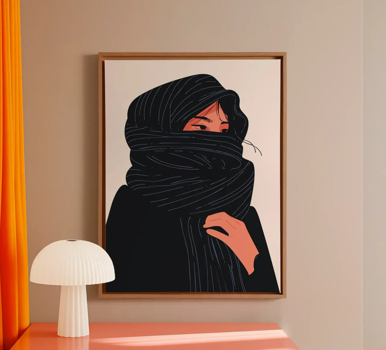 Vrouw in zwarte sjaal Minimalistische Boho-kunstillustratie canvas met Baklijst van Maria Maier