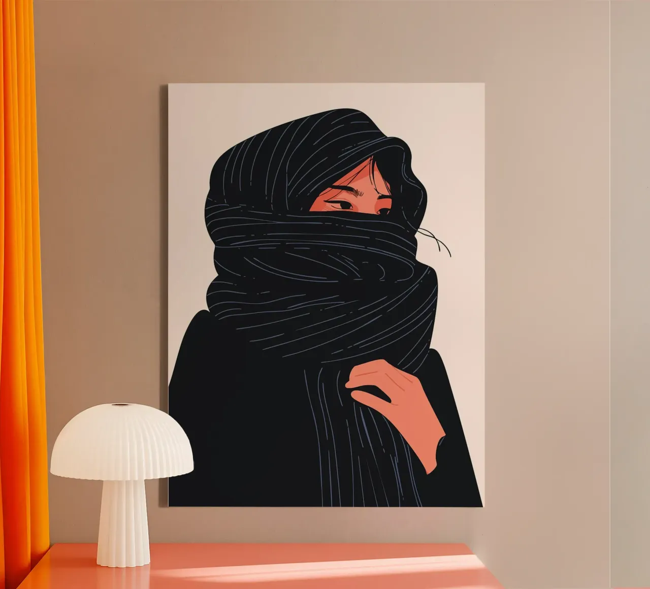 Vrouw in zwarte sjaal Minimalistische Boho-kunstillustratie canvas met Baklijst van Maria Maier