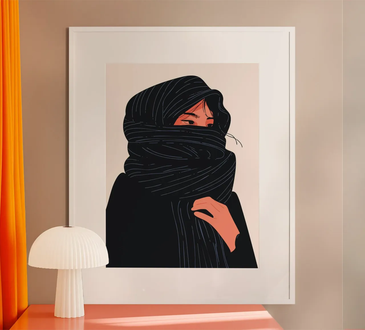 Donna con sciarpa nera Illustrazione artistica boho minimalista poster con telaio in plastica da Maria Maier
