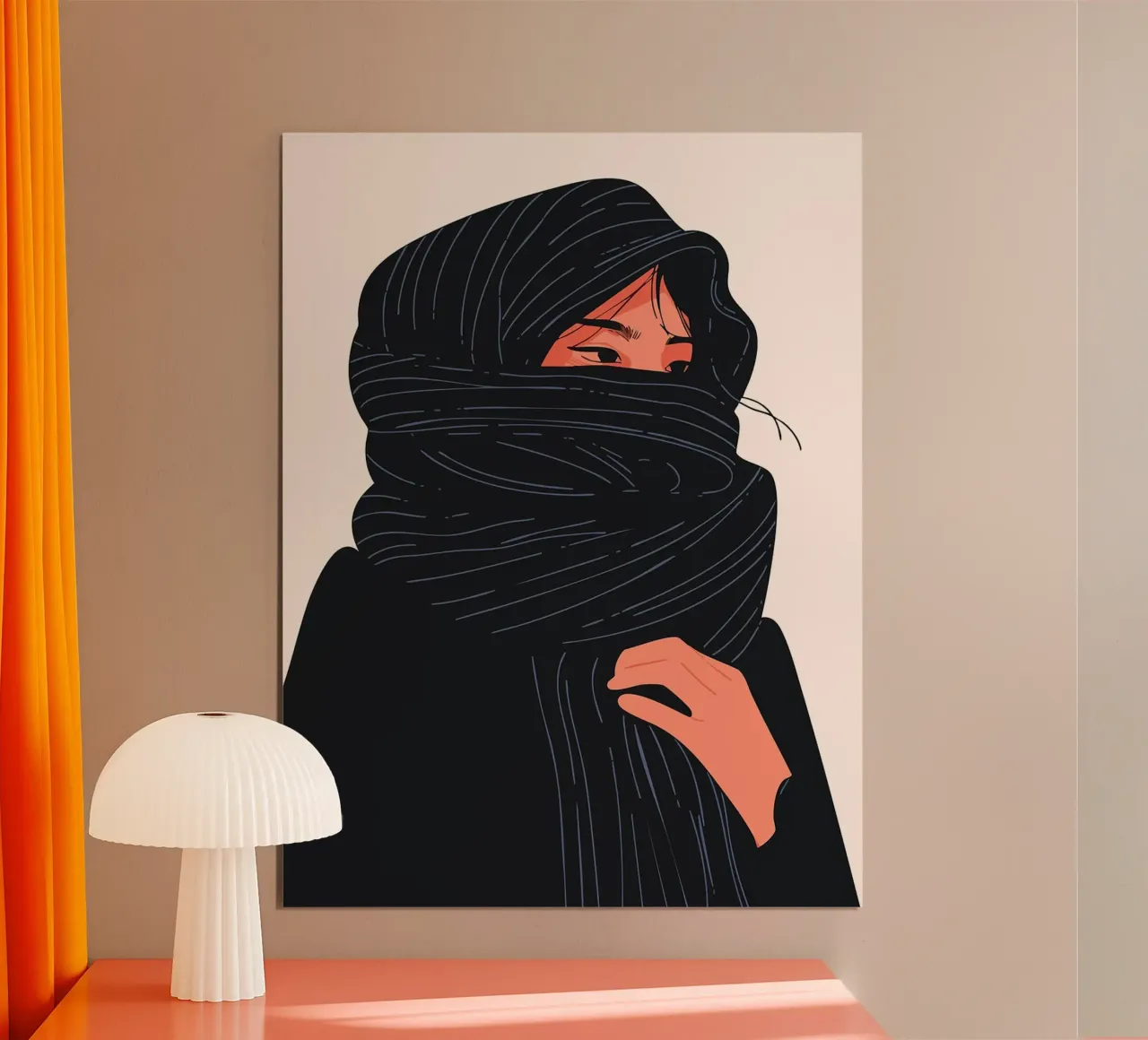 Donna con sciarpa nera Illustrazione artistica boho minimalista poster con telaio in plastica da Maria Maier
