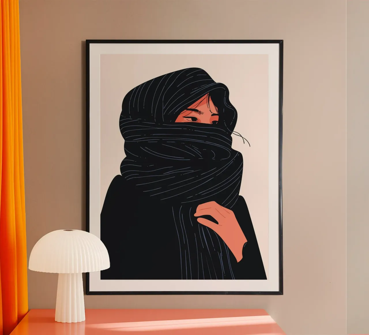 Donna con sciarpa nera Illustrazione artistica boho minimalista poster con telaio in plastica da Maria Maier
