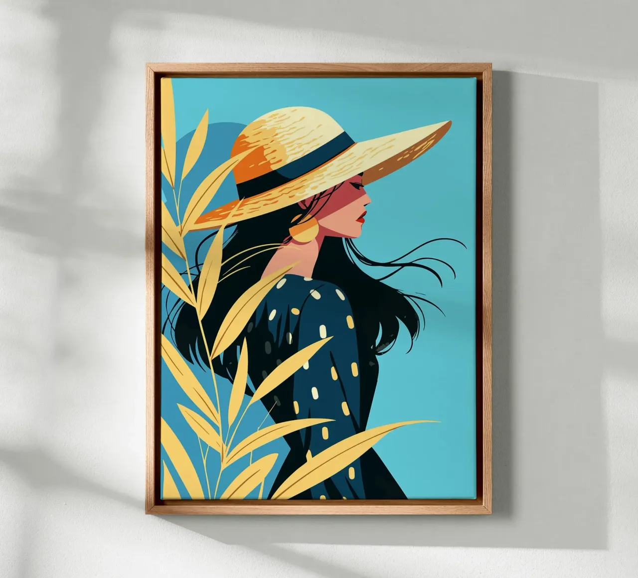 Herfst strohoed vrouw in jurk Minimalistische kunstillustratie canvas met Baklijst van Leon Franke
