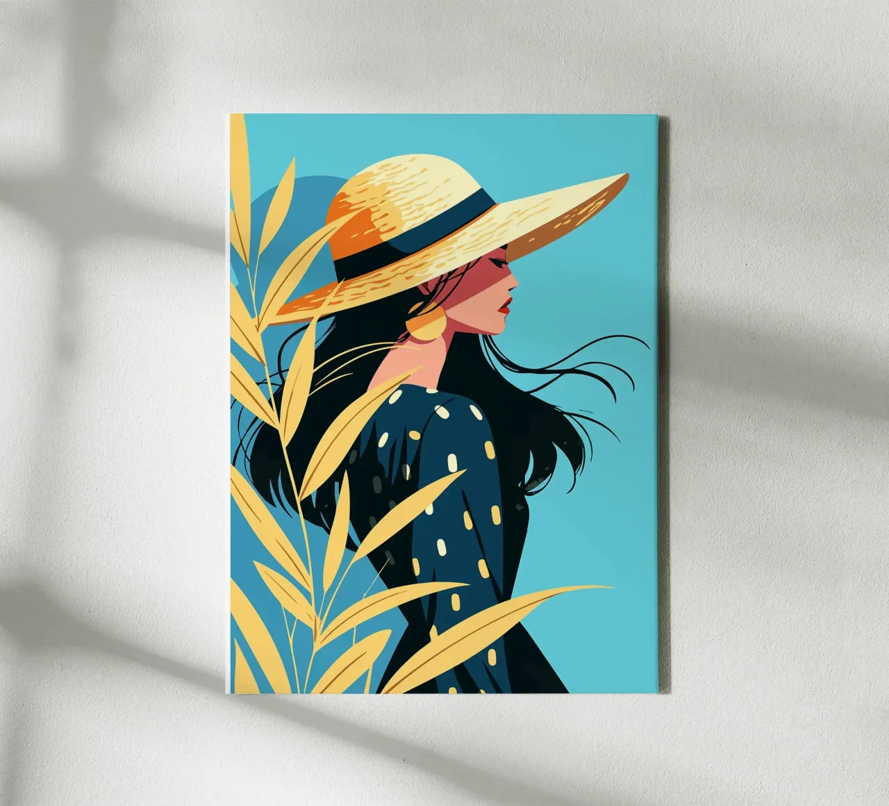 Herfst strohoed vrouw in jurk Minimalistische kunstillustratie canvas met Baklijst van Leon Franke